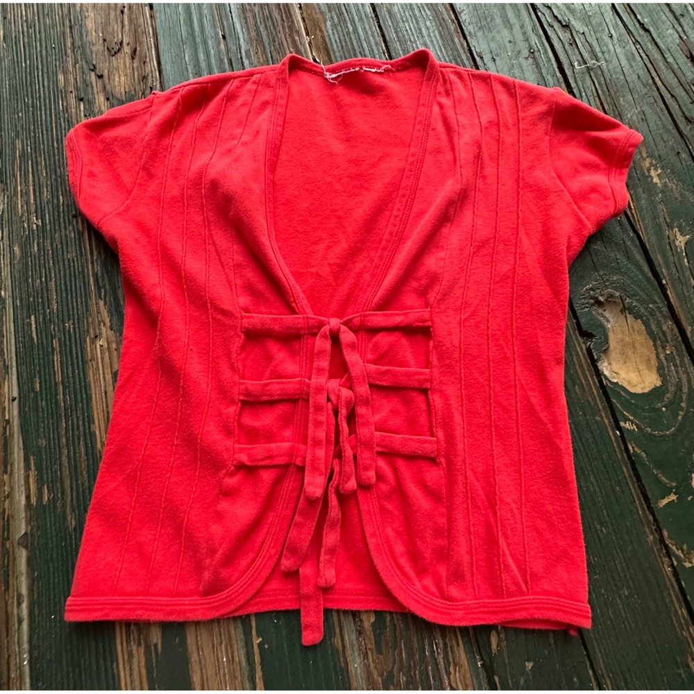 Coral Short Sleeve Front Tie Cardigan Top with Ladder Straps and Cutouts